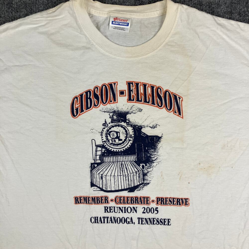 Hanes T-Shirt Mens XL Cream 2005 Gibson Ellison Reunion Train Graphic Tee